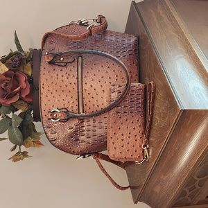 Isabelle Vegan Ostrich Print Faux Leather Satchel with Matching Wristlet